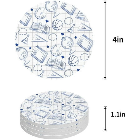 

KXMDXA Elementary School Theme Student Supplies Globe Paints and Brushes Books Education Set of 8 Round Coaster Drinks Absorbent Ceramic Stone Coasters Cup Mat Cork Base Coffee Table Bar Decor