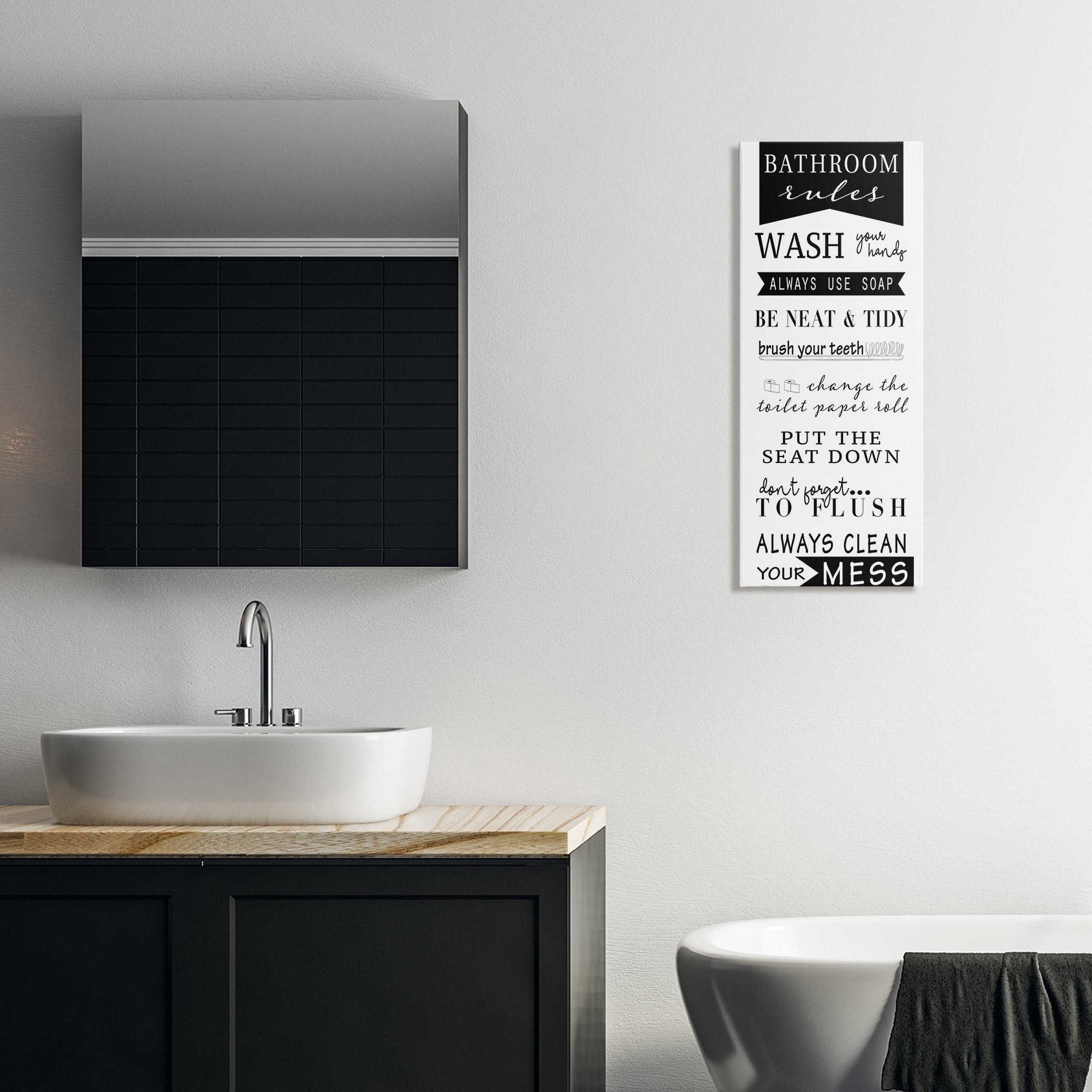 Stupell Industries Black Bathroom Rules Typography Painting Gallery Wrapped Canvas Art Print Wall Art, 13 x 30
