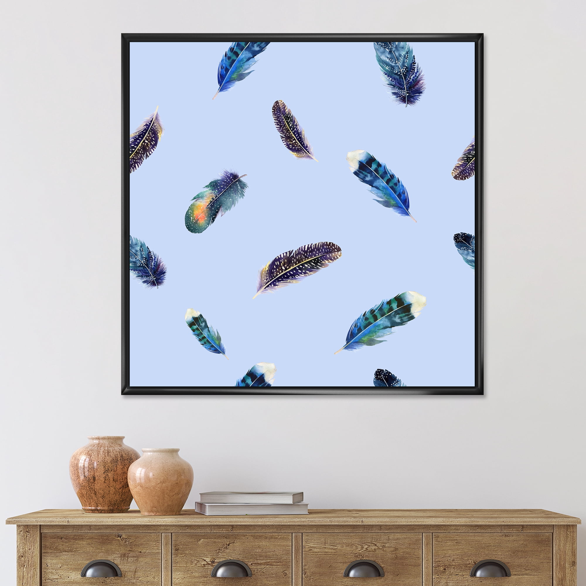 Designart 'Blue Feathers Boho Ethnic ' Bohemian & Eclectic Framed Canvas Wall Art Print