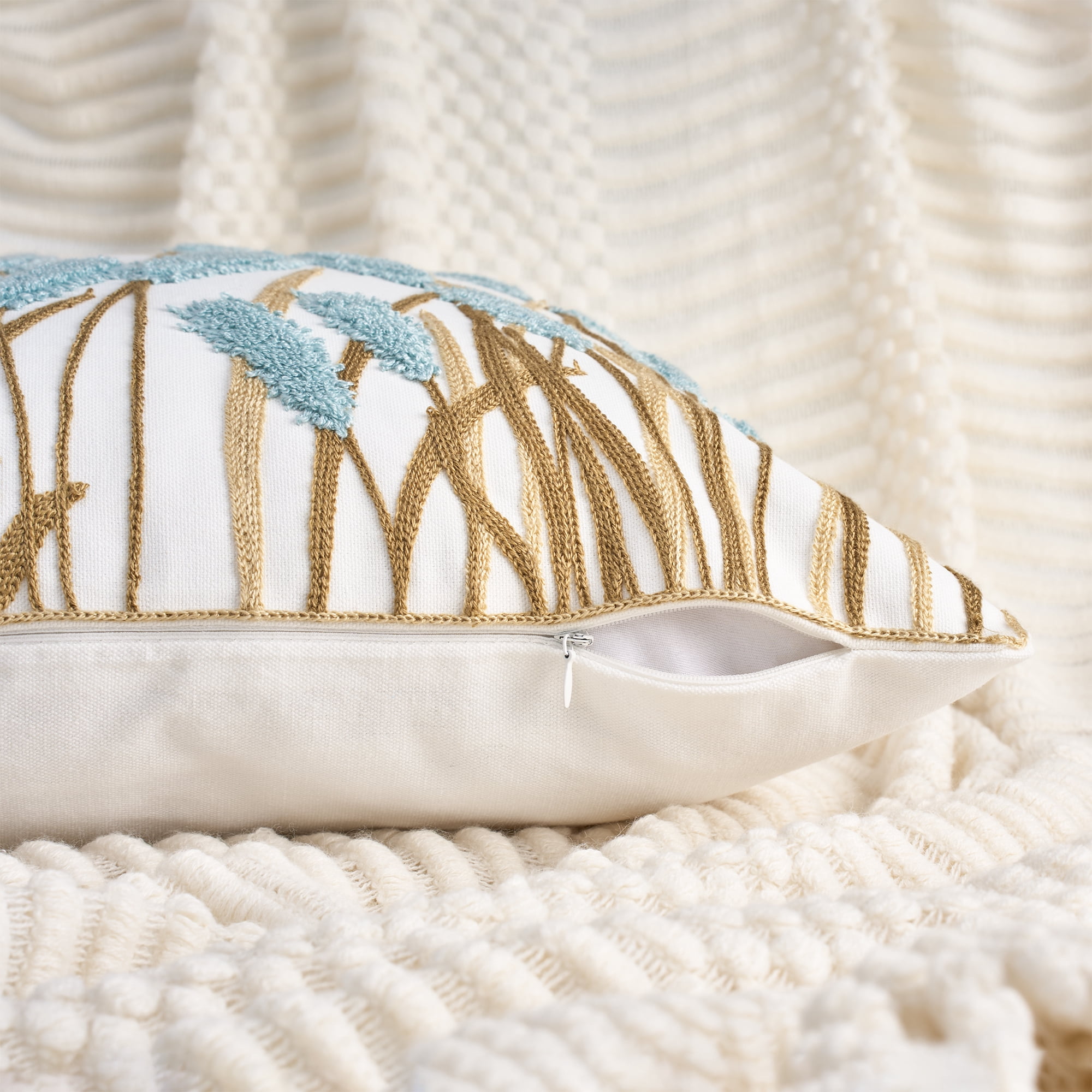 Unique Bargains Cotton Boho Plant Embroidery Soft Square Throw Pillow Covers Blue