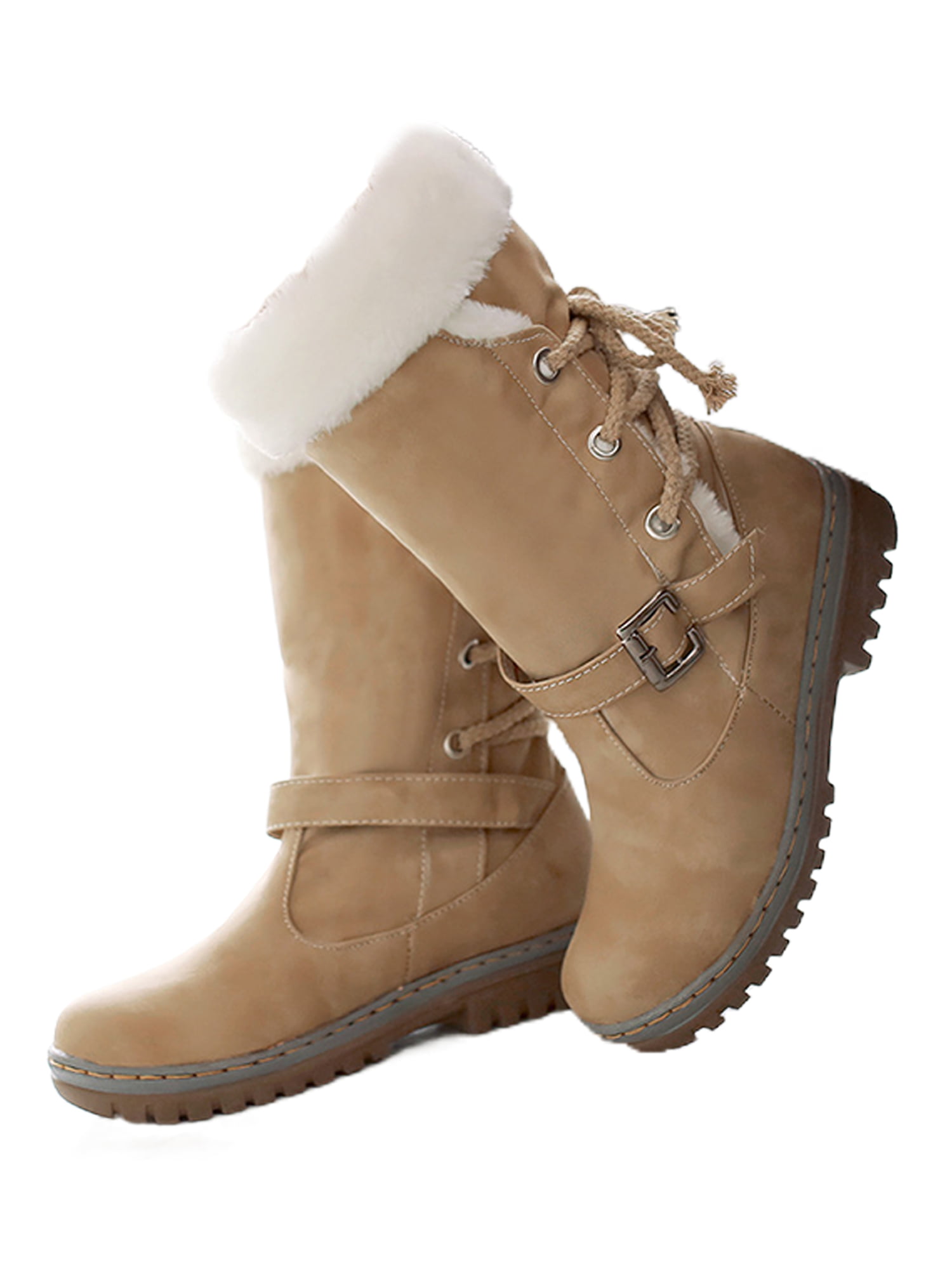 Women Snow Boots Winter Fur Ankle Boot Warmer Plush Suede Rubber Flat,Beige,4 