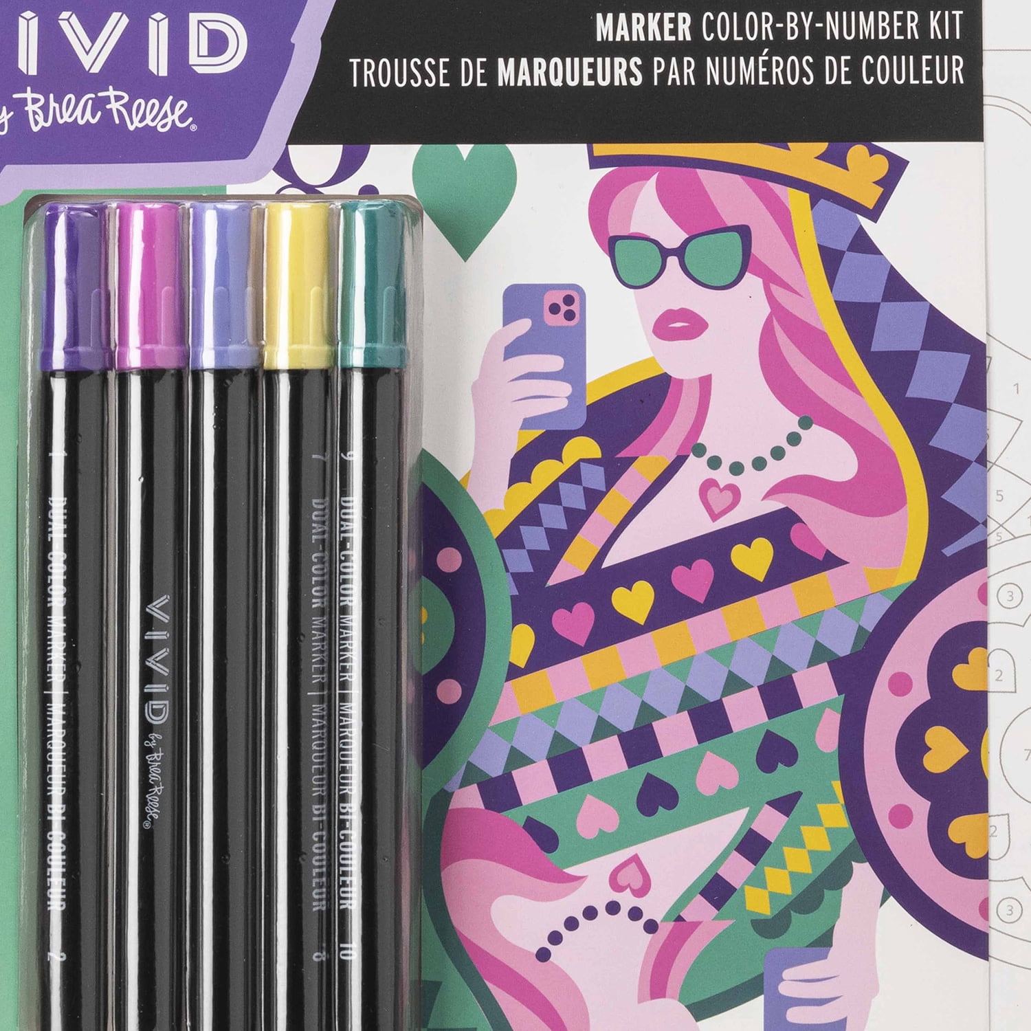 Vivid by Brea Reese: Marker Color-By-Number Kit - Queen of Hearts -5 Dual-Sided Markers, 12 Design Coloring Pages, Retro Vibrant Themed Spiral Art Pad