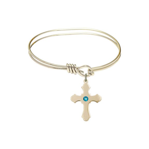 5 3/4 inch Oval Eye Hook Bangle Bracelet w/ Cross medal charm w/ December Blue Swarovski Crystal