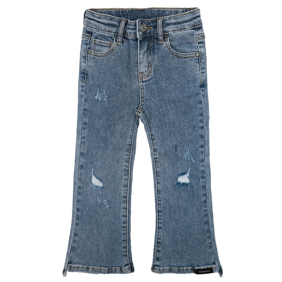 KIDSCOOL SPACE Big Girls Jeans,Ripped Holes Stretchy Bell-bottom Slim Boot Cut Denim Pants,Blue,7-8 Years