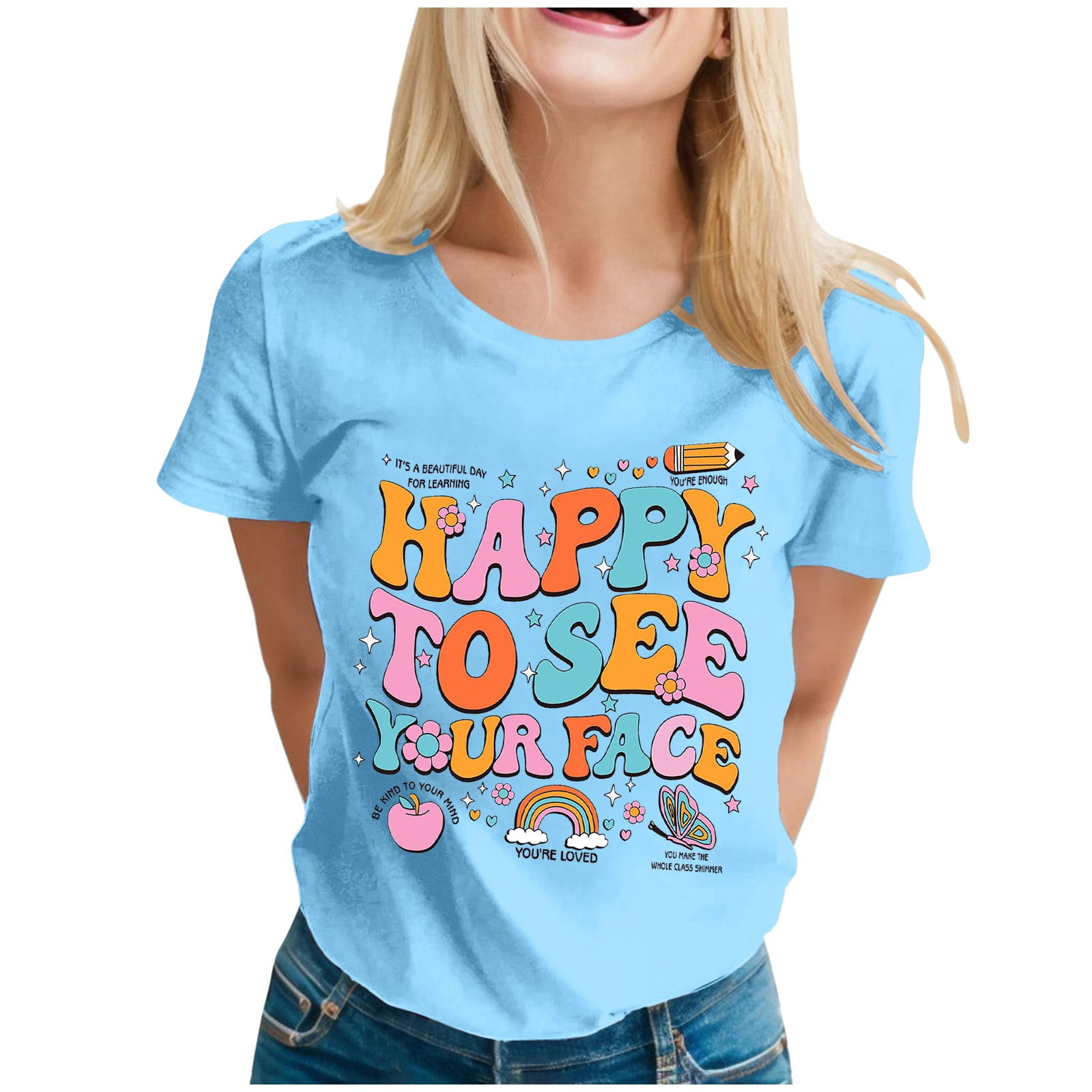 TSADFHJI T-Shirts pour Femmes Manches Courtes Premier Jour d'École T-Shirt Graphique à Manches Courtes pour Enseignant Rentrée des Classes L Bleu Clair