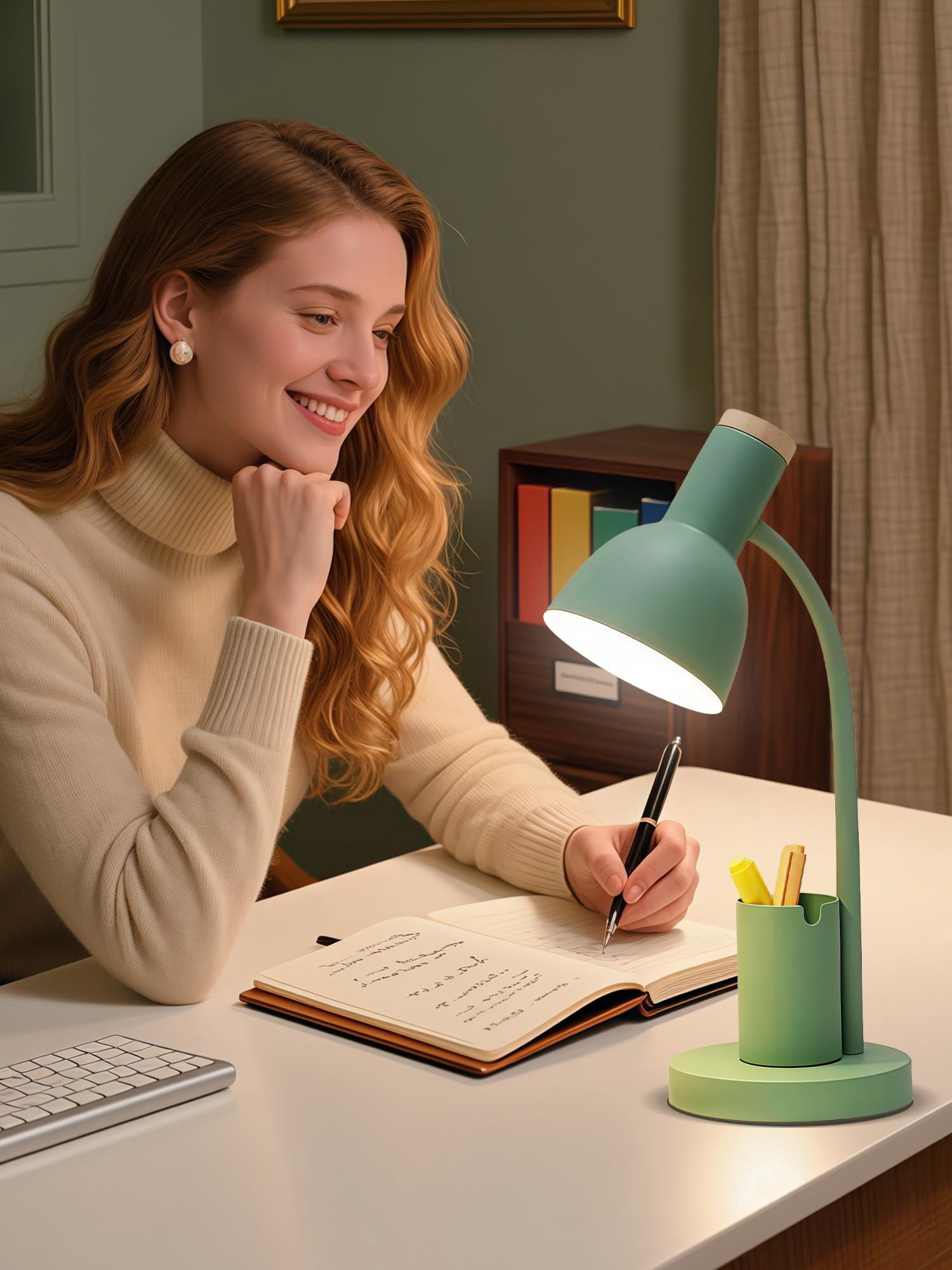 Led Desk Lamp For Home Office  Table With Pen Holder 3 Color Modes Reading Light Eye-caring Gooseneck Metal Study Dorm Bedside Bedroom (green Lamp)