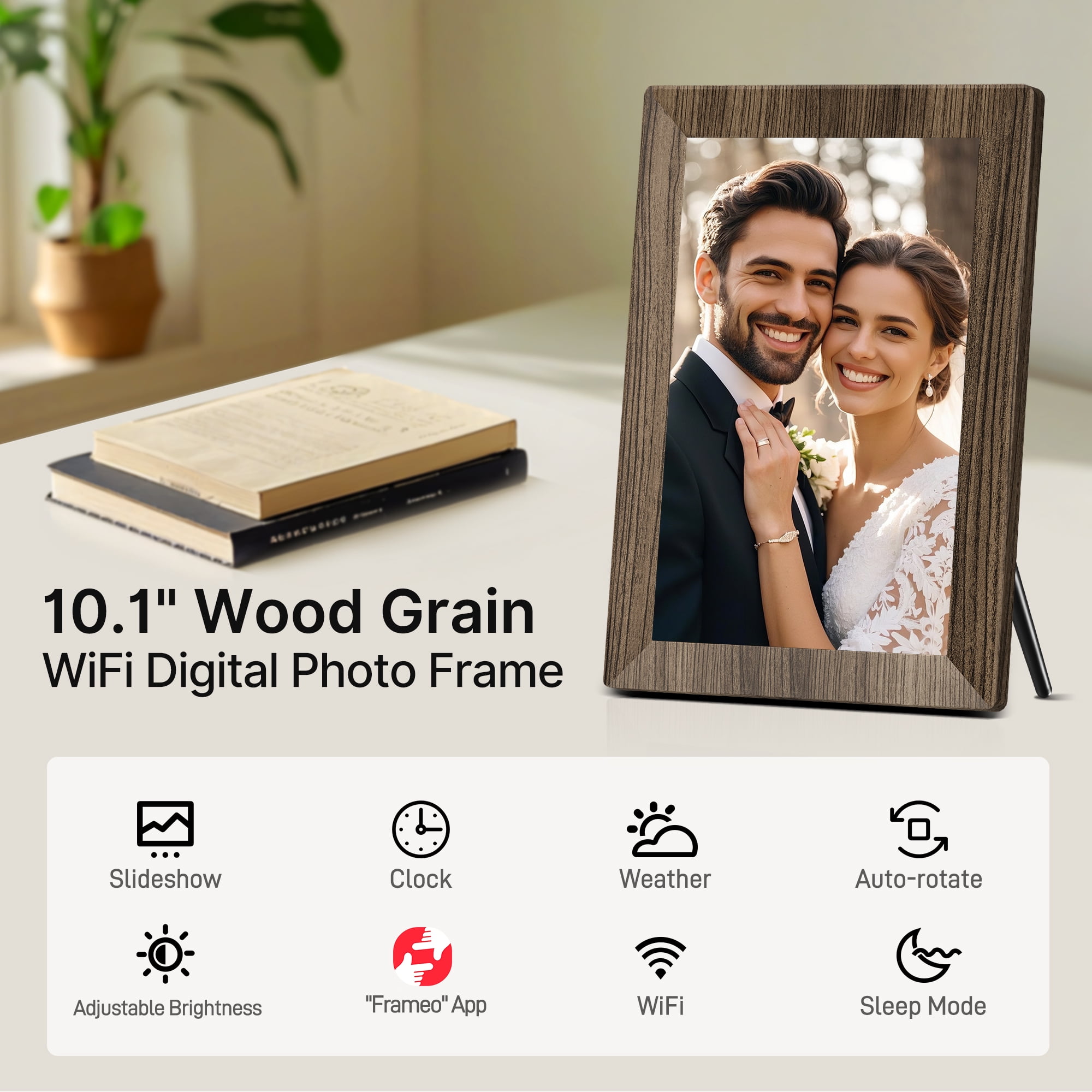 TEMASH frameo 10.1" Wood Grain WiFi Digital Photo Frame – 32GB Storage, IPS Touchscreen, Auto-Rotate, Wall Mount, Instant Sharing via frameo App