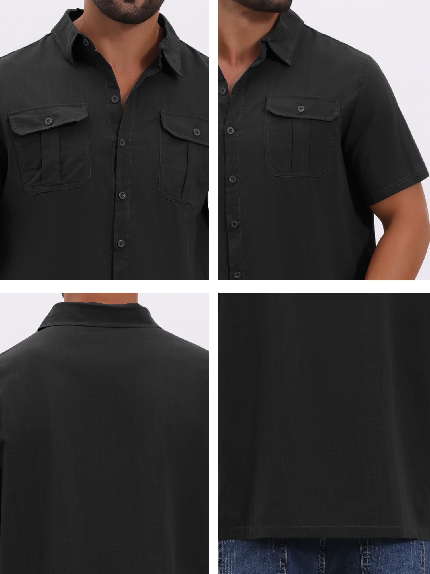 DARING DIVA Men's Solid Color Short Sleeve Button Down Linen Shirt 3XL Black
