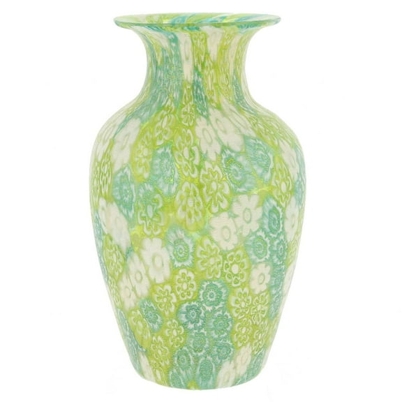 GlassOfVenice Murano Glass Golden Quilt Millefiori Urn Vase - Green