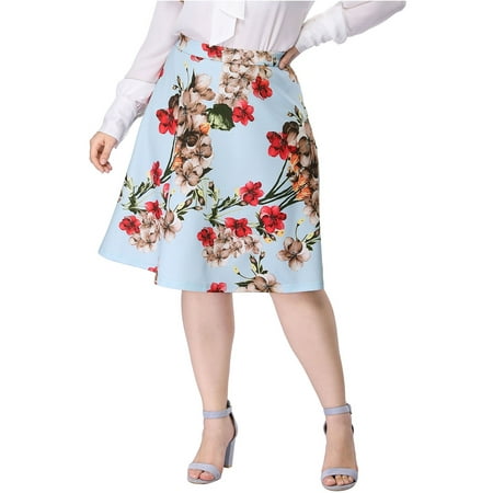 Unique Bargains Floral High Waisted A Line Knee Length Skirt (Women's Plus)