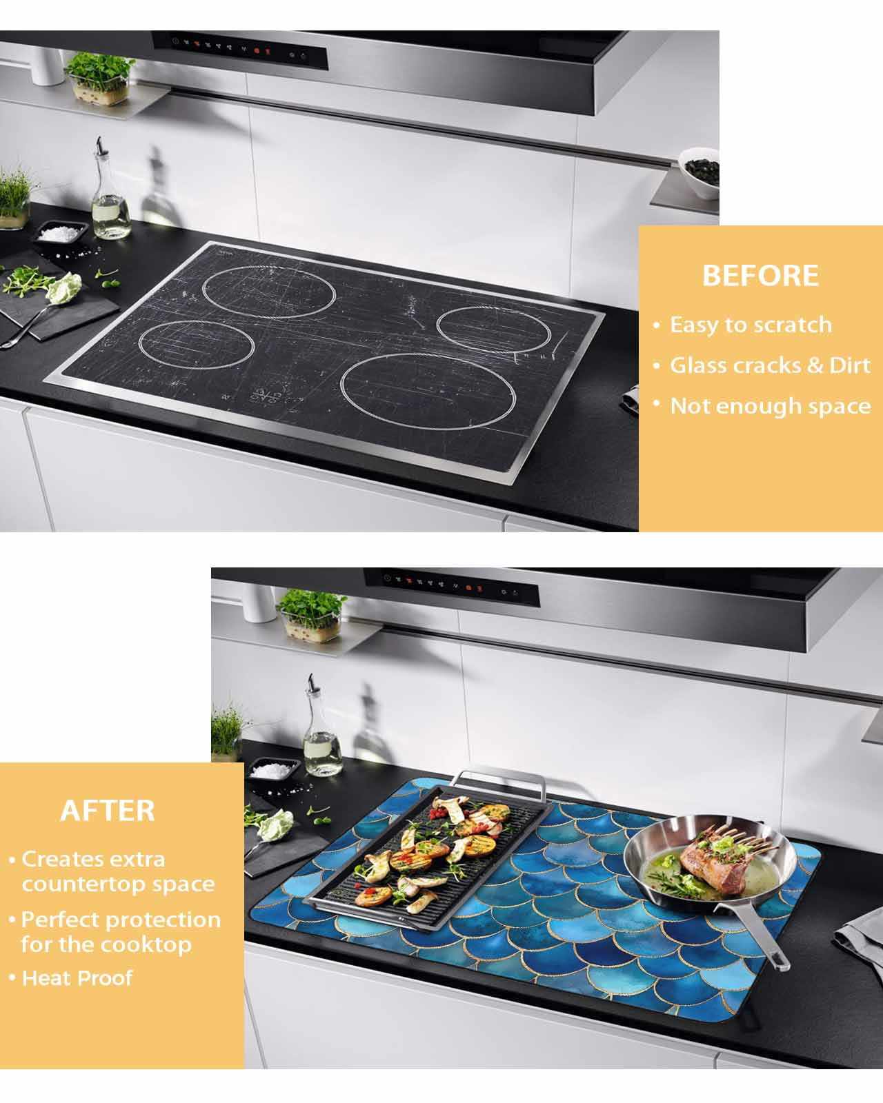 nqOlkjepod Large Induction Cooktop Protector Mat 36"x21", Blue Ombre Scale Stove Top Covers for Electric Stove, Abstract Art Ocean Coastal Decorative Stove Burner Cover Mats, Glass Top Stove Cover
