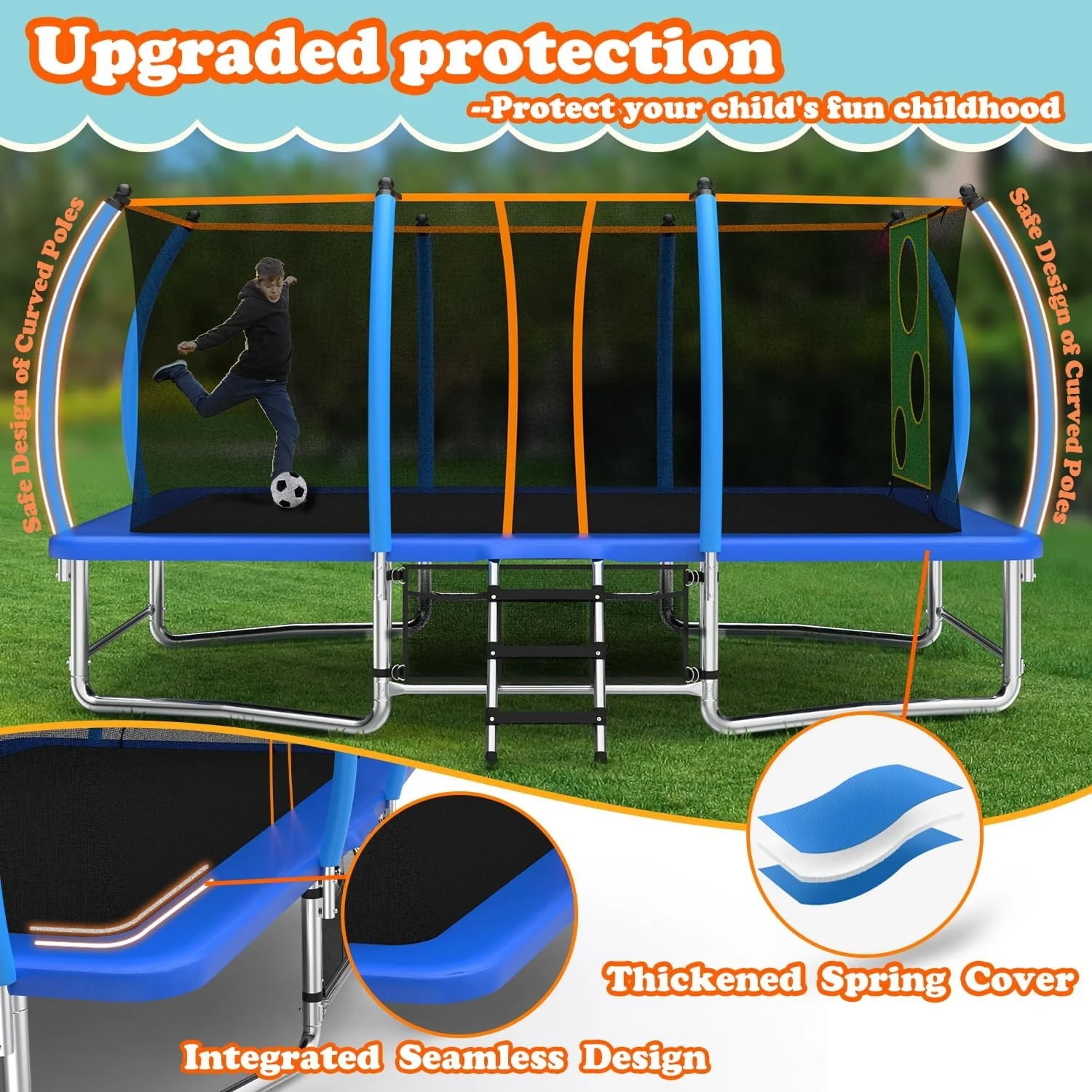 Alvantor 10X16 Ft Trampoline Rectangler, Outdoor Square Trampolines with Enclosure Net Blue