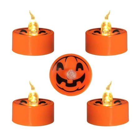 

LED Electronic Tea Candle Horror Pumpkin Grimace Spider Web Halloween Decorative Candle 12pcs Orange Shell Printed Pumpkin Face warm white flash