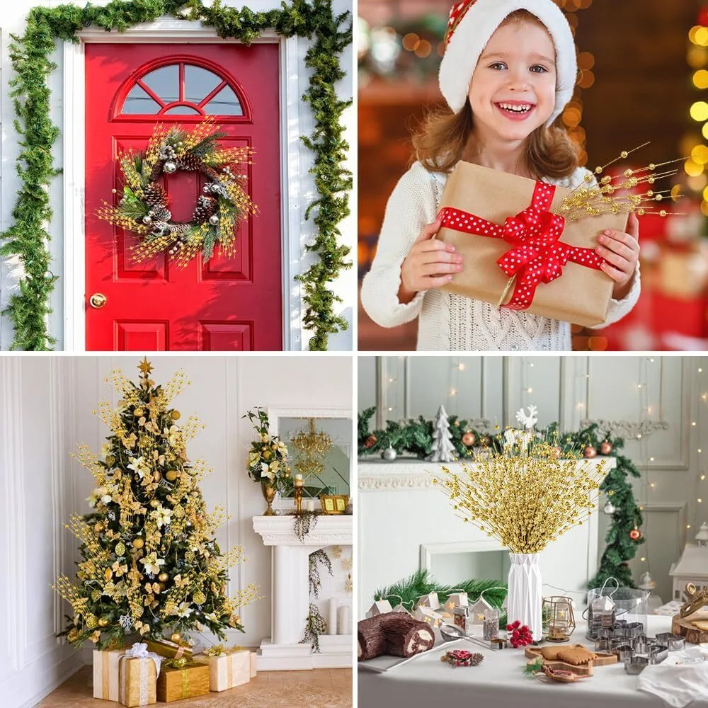 10 Pack Golden Artificial Glitter Berry Stem Ornaments 17 Inches Fake Christmas Picks Decorative Glitter Sticks for Christmas Tree DIY Wreath Crafts Gift Fireplace Holiday Home Decor