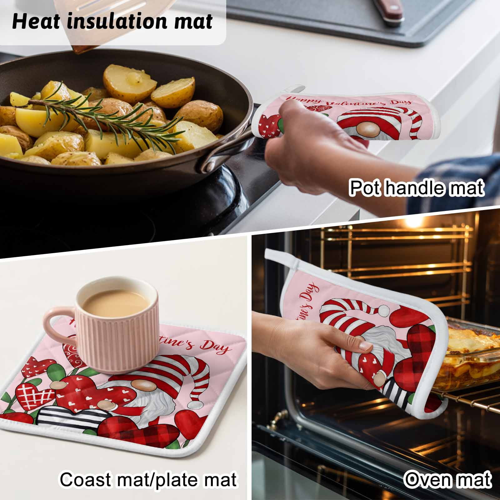 Valentines Pot Holders for Kitchen Heatproof Potholder, 5 Pack Red Love Heart Botanical Gnomes Pink Hot Pads Multipurpose Oven Pads Cloth Potholders Trivet for Cooking Baking