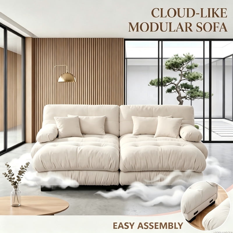 ANPPORT Cloud Couch Sleeper Sofa, Chenille Light Coffee 2-Seater Modular Sofa with 2 Ottomans, 2 Lumbar pillows,2 Pillows, Comfy Deep Seat Cloud Sofa, Convertible L-Shaped Floor Couch for Living Room