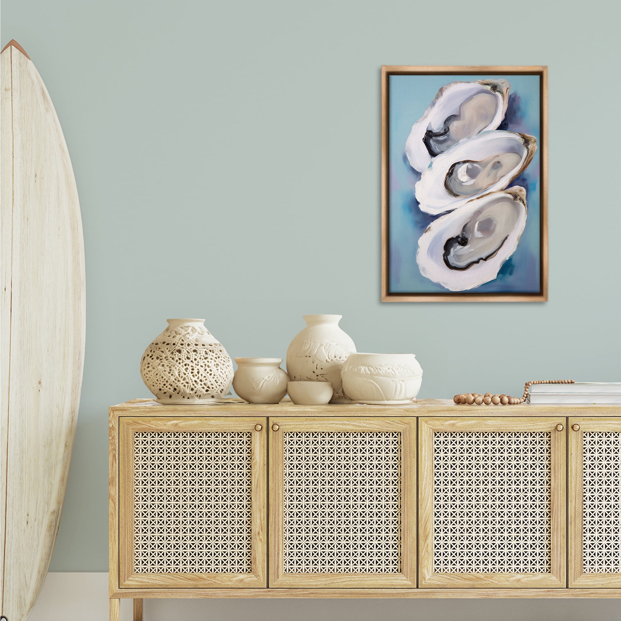 Stupell Industries Three Oyster Shells Animals & Insects Painting Brown Floater Framed Canvas Art Print Wall Art, 21 x 31