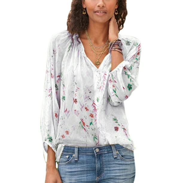 Women's Floral 3/4 Sleeve Plus Size V Neck Casual Beach Peasant Tops ...