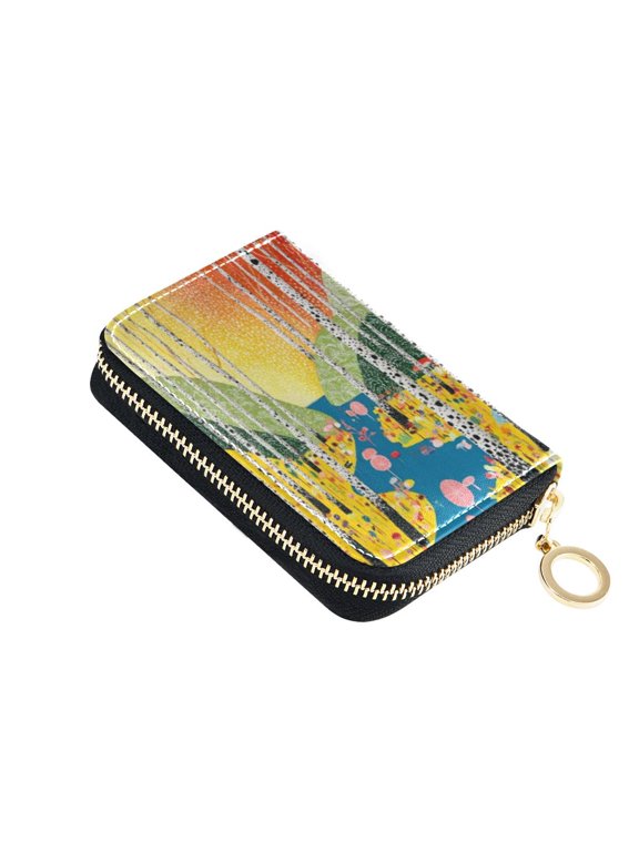 PU Leather Card Holder Wallet RFID Blocking Zipper Card Purse Fantasy Forest with Stream Pattern