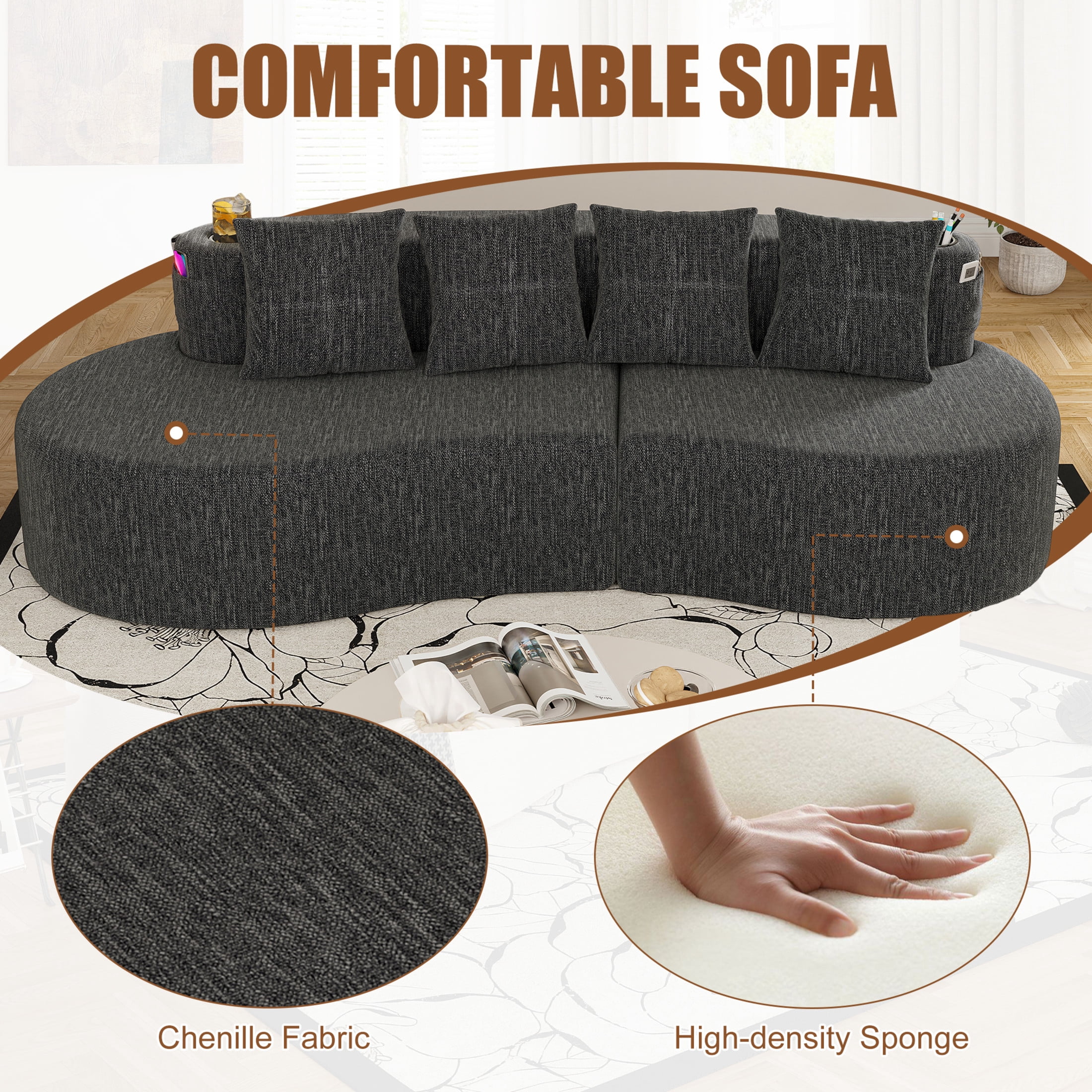 Noble House 3-Seat Curved Chenille Sectional Sofa, Modular Half Moon Couch, Dark Gray