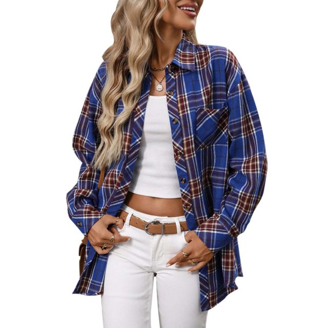 Jean Jacket Women - Plaid Button with Pocket Basic Top Jacket - Leisure/Home