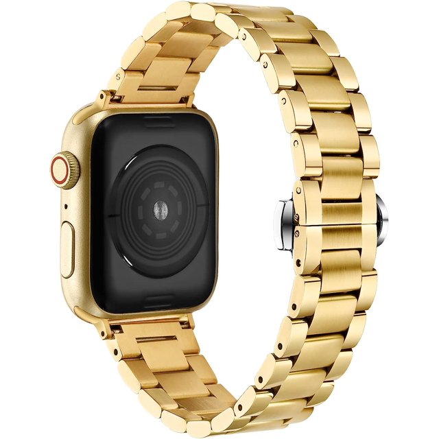 Correa de reloj inteligente compatible con Apple Watch Band 42 mm 44 mm 45 mm 38 mm 40 mm 41 mm, correa de reloj de acero inoxidable sólido para iWatch Series 7/6/5/4/3/2/1/SEGold245mm/44mm/42mm