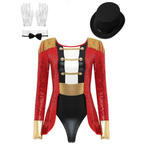 Hansber Women Circus Ringmaster Costume Lion Tamer Outfits Magician Fancy Dress Long Sleeve Ringleader Leotard Red 3XL