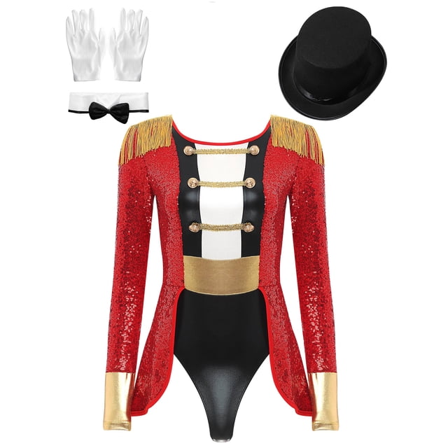 YiZYiF Costume de Ringmaster pour Femme Tenue de Dompteuse de Piste de Cirque Queue-de-Pie Justaucorps Rouge P