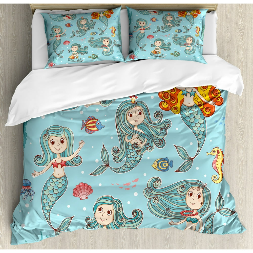 Mermaid Duvet Cover Set, Cute Composition of Mermaids with Different