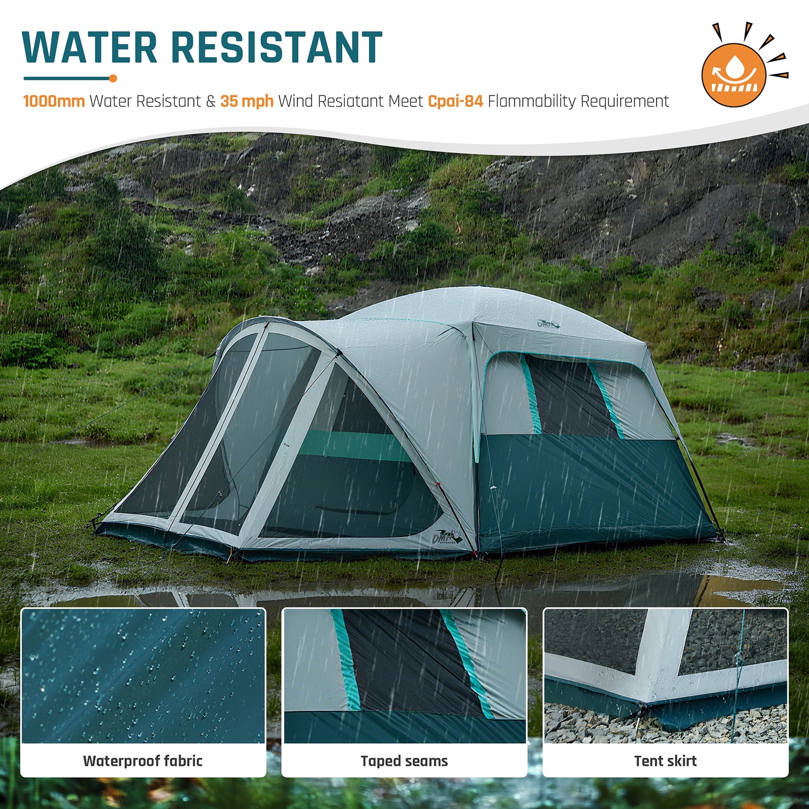 6 Person Family Cabin Tent with Screen Porch, DMH OUTDOORS Camping Tent for Outdoor Camping Backyard Green