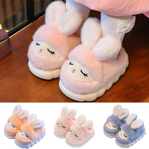 Slippers for Kids Cute 3D Bunny Cozy Soft Sole Shoes Home Comfy Indoor Winter Warm Closed Toe Slip On Baby Shoes Grey Sizes 4.5-5 Y