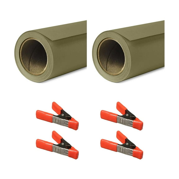Savage 53"x36' Widetone Seamless Background Paper, Olive Green, 2-Pack, Bundle with 4x 1-1/4x1" Steel Spring Orange Clamp