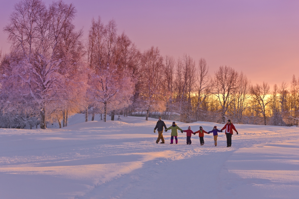 Family Group Holding Hands Walk On A Snow Path At Sunset With A Birch Forest In The Background Russian Jack Springs Park Anchorage Southcentral Alaska Winter Canvas Art - Kevin Smith Design Pics (36