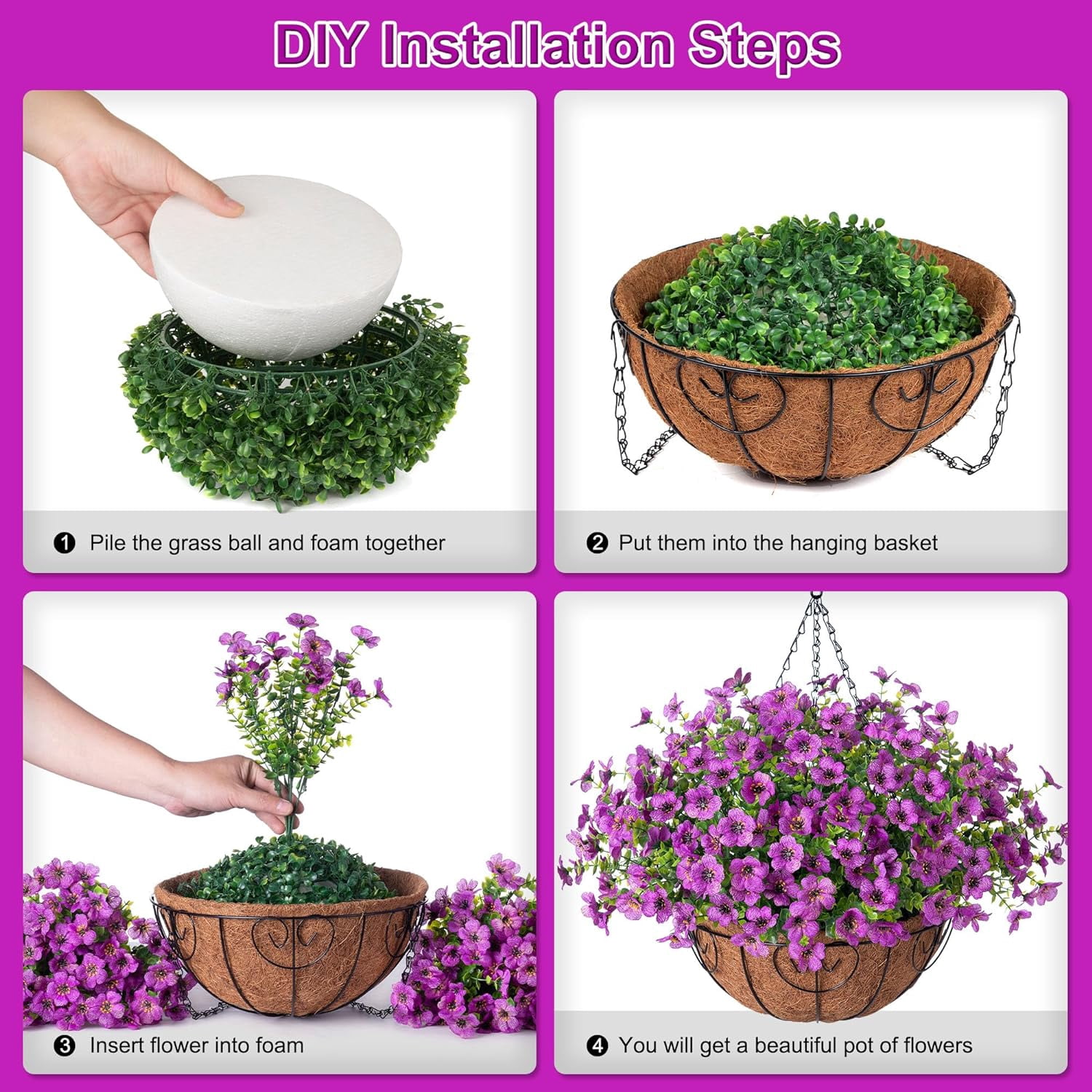 Artificial Flowers Hanging Basket for Outdoor Indoor Spring Decoration,Fake Silk Colorful Daisy Eucalyptus in Metal Coconut Lining Flowerpot Arrangement for Patio Yard Decor(Purple)