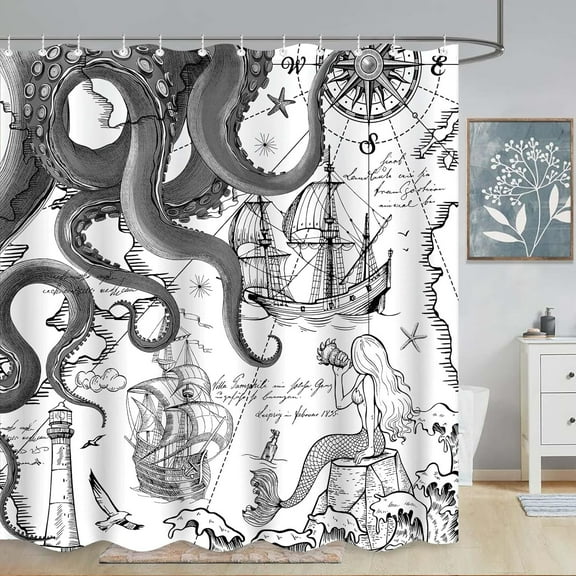 Vintage Nautical Octopus Shower Curtain Navy Blue Mermaid Funny Ocean Kraken Shower Curtains for Bathroom Anchor Coastal Map Waterproof Fabric Bath Curtain Decor with Hooks 72 x 72
