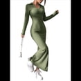thumbnail image 2 of Vestido Maxi de Punto Acanalado con Cuello en V y Larga para Mujer, con Abertura en el Muslo y Ajustado. Verde M, 2 of 9
