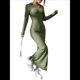 thumbnail image 2 of Vestido Maxi de Punto Acanalado con Cuello en V y Larga para Mujer, con Abertura en el Muslo y Ajustado. Verde XL, 2 of 9