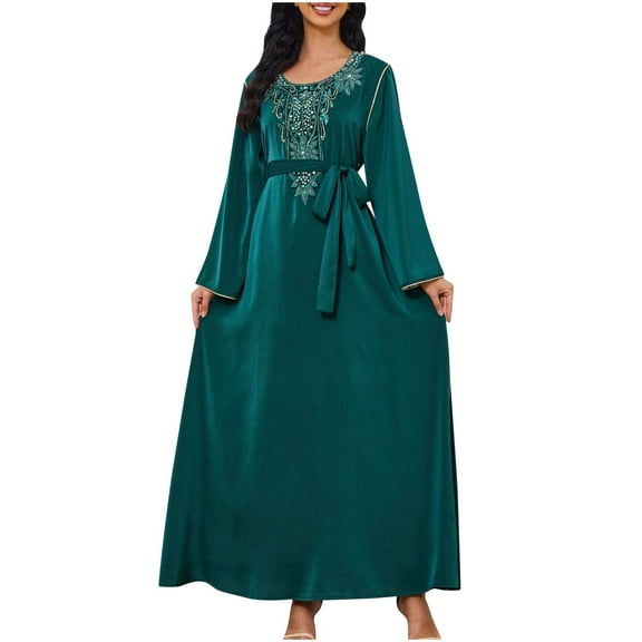 Women's Elegant Satin Rhinestone Printed Maxi Dress Long Sleeve Crew Neck Long Dress with Belt Fashion Casual Dresses
