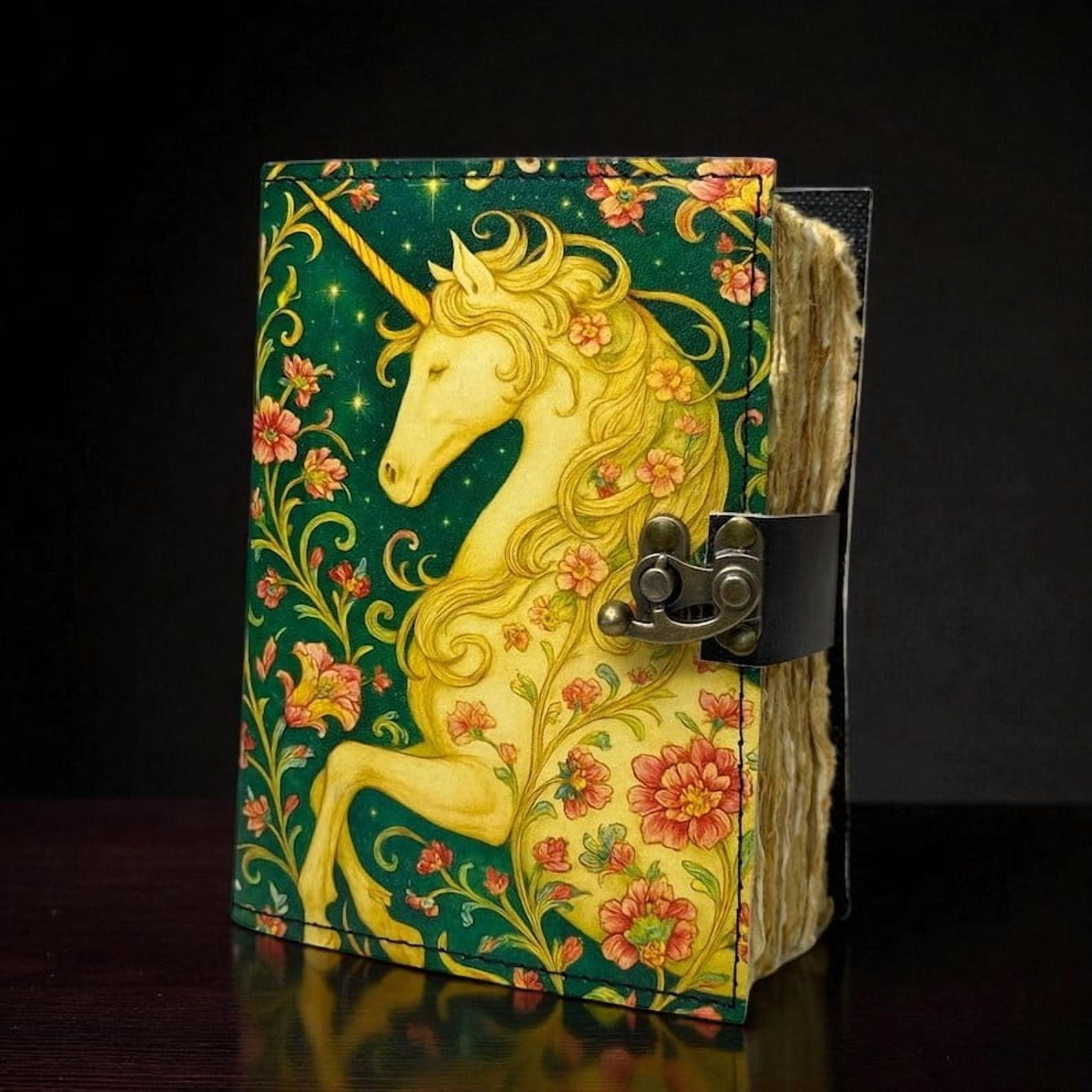 Unicorn Leather Grimoire – Celestial Spell Book of Shadows, 200 Pages Vintage Witchcraft Spellbook, Wiccan Pagan Gothic Witchy Gift