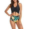 thumbnail image 3 of Faithtur Daughter  Mother Family Matching Swimwear Solid Color Sleeveless Drawstring V-Neck Tops + Leaves Print Panties Bikini Set, 3 of 9