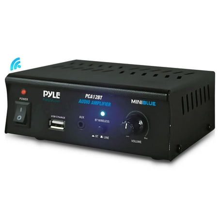 PYLE PCA12BT - Mini Blue Series Bluetooth Stereo Power Amplifier, Wireless Audio Streaming Amp with USB Charging & Audio AUX Input (2 x 25