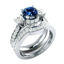 HeartsAndYou 3.3ct Natural Blue Sapphire Bridal Set Trilogy Ring Band 14k SOLID White Gold