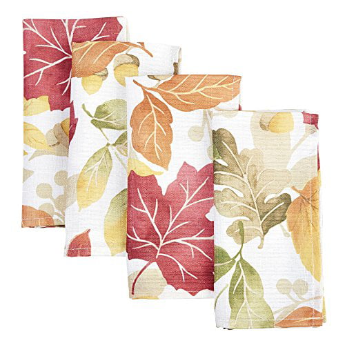 Fall Cloth Beverage Napkins Thanksgiving Leaves in Orange Red Green Gold Metallic Cocktail Wine Lunch Dessert Snack Coasters 6 Inch Set of 5