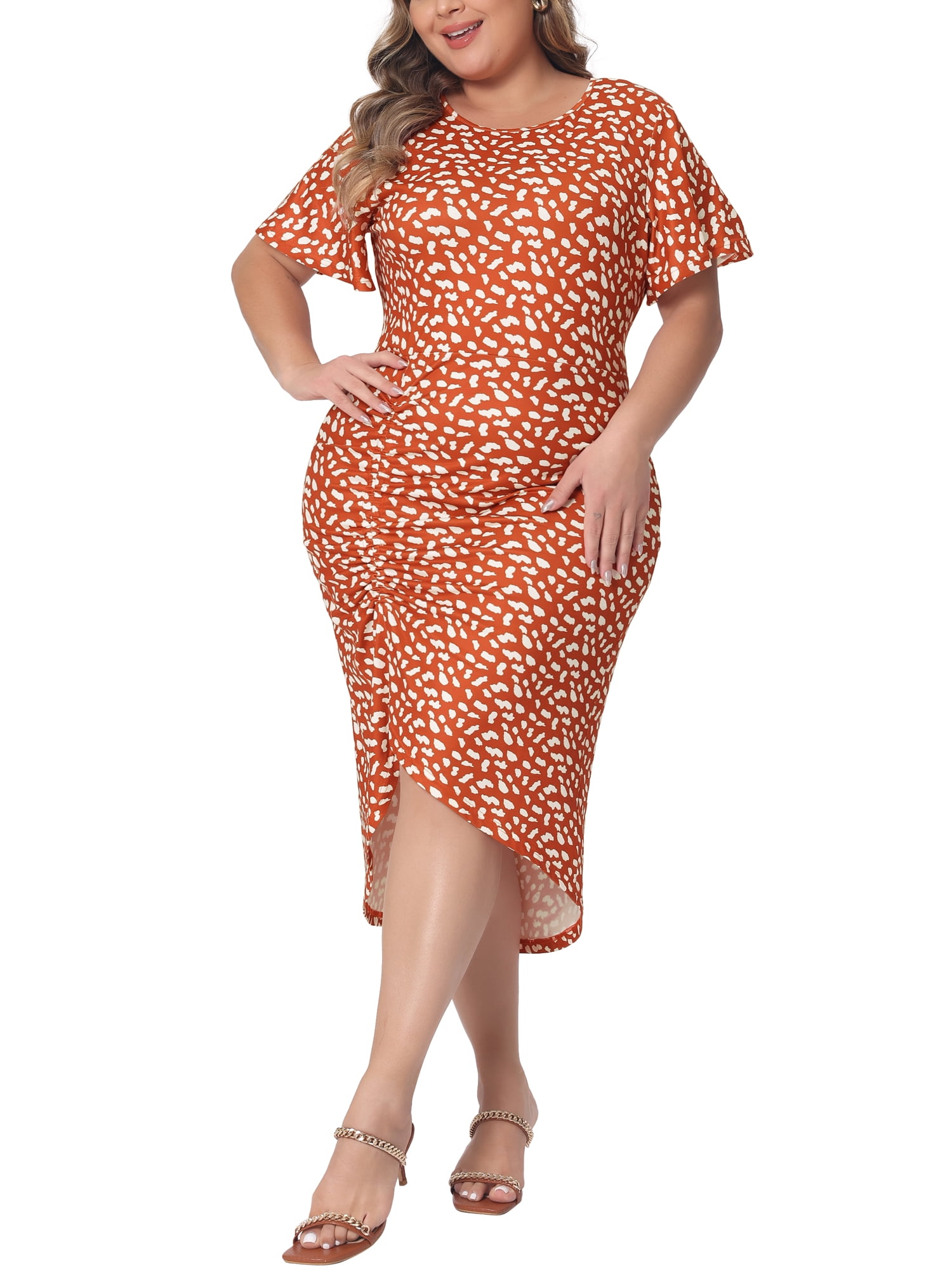 DARING DIVA Women's Plus Polka Dots and Ruched Round Necks Dress 4X Orange