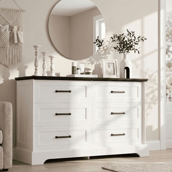 Homall Wooden 6 Drawer Dresser for Bedroom, Modern Chest of Drawers, Storage Cabinet Organizer with Metal Handles for Bedroom, Living Room and Closet, White and Black Top