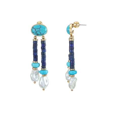 Seren Jewelry Blue Lapis, Pearl and Turquoise Post Drop Earrings