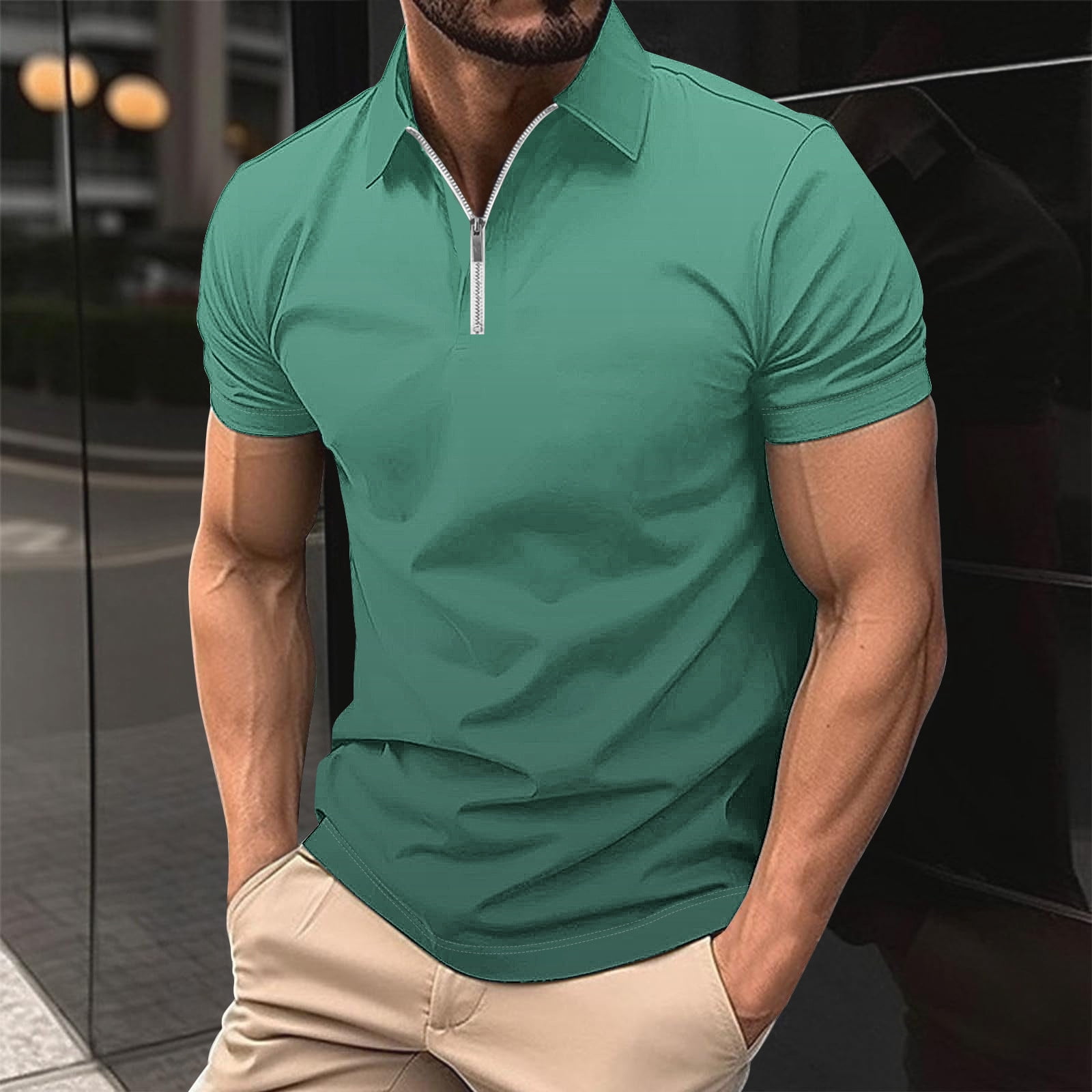 Men Casual Printed Short Sleeve Turn Down Collar Zipper T-Shirt