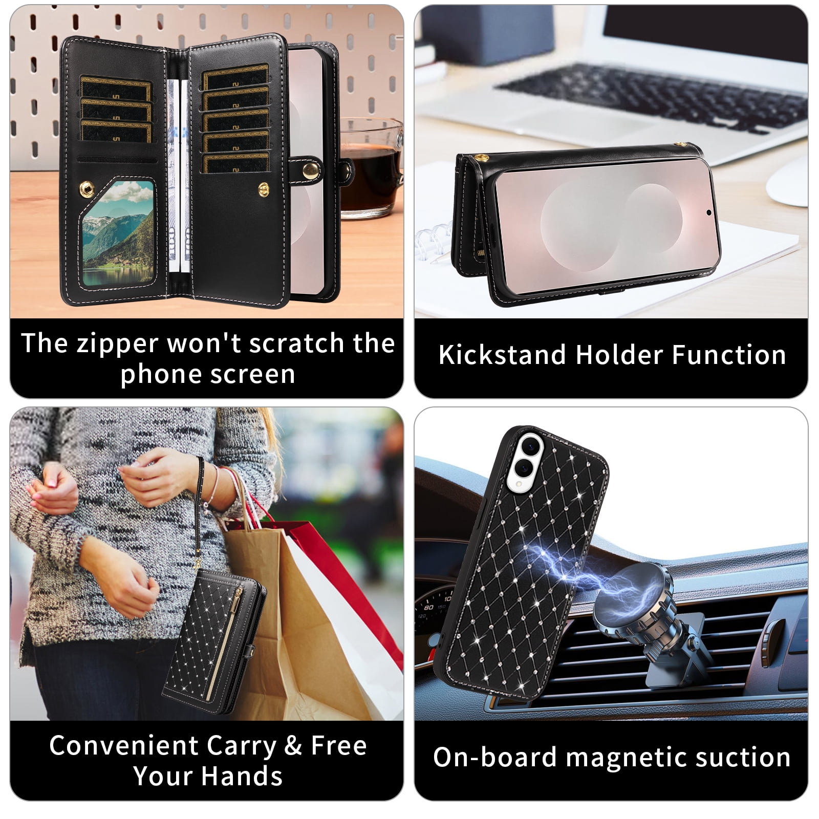 Asuwish Phone Case for Samsung Galaxy S25 Edge 5G Zipper Wallet Detachable Cell Cover with Tempered Glass Screen Protector Crossbody Lanyard Strap Bling Glitter Flip Card Holder Slot S25Edge Black