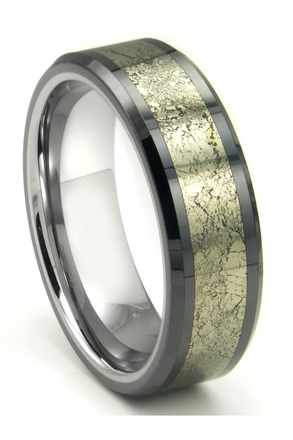 Tungsten Carbide Golden Meteorite Inlay Comfort Fit Mens Wedding Band Ring Sz 11.0