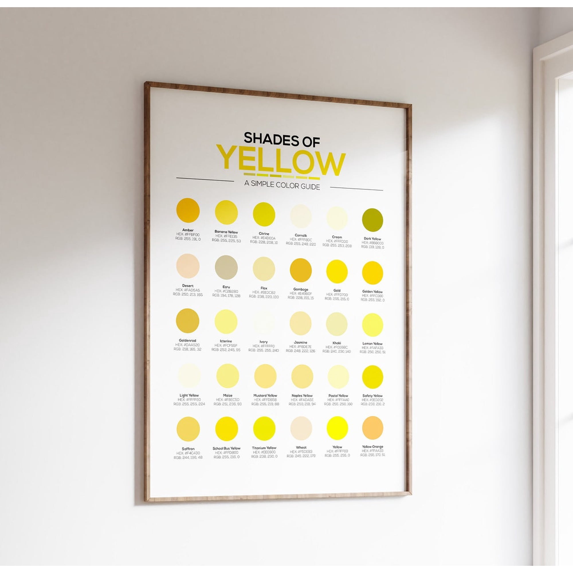 Different Shades of Yellow Color Chart 30 Hex Codes RGB Designer Reference Unframed Paper Print